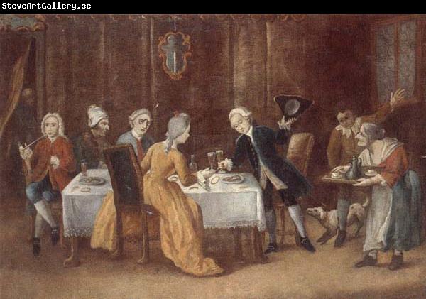 unknow artist An elegant interior with a lady and gentleman toasting,other figures drinking and smoking at the table